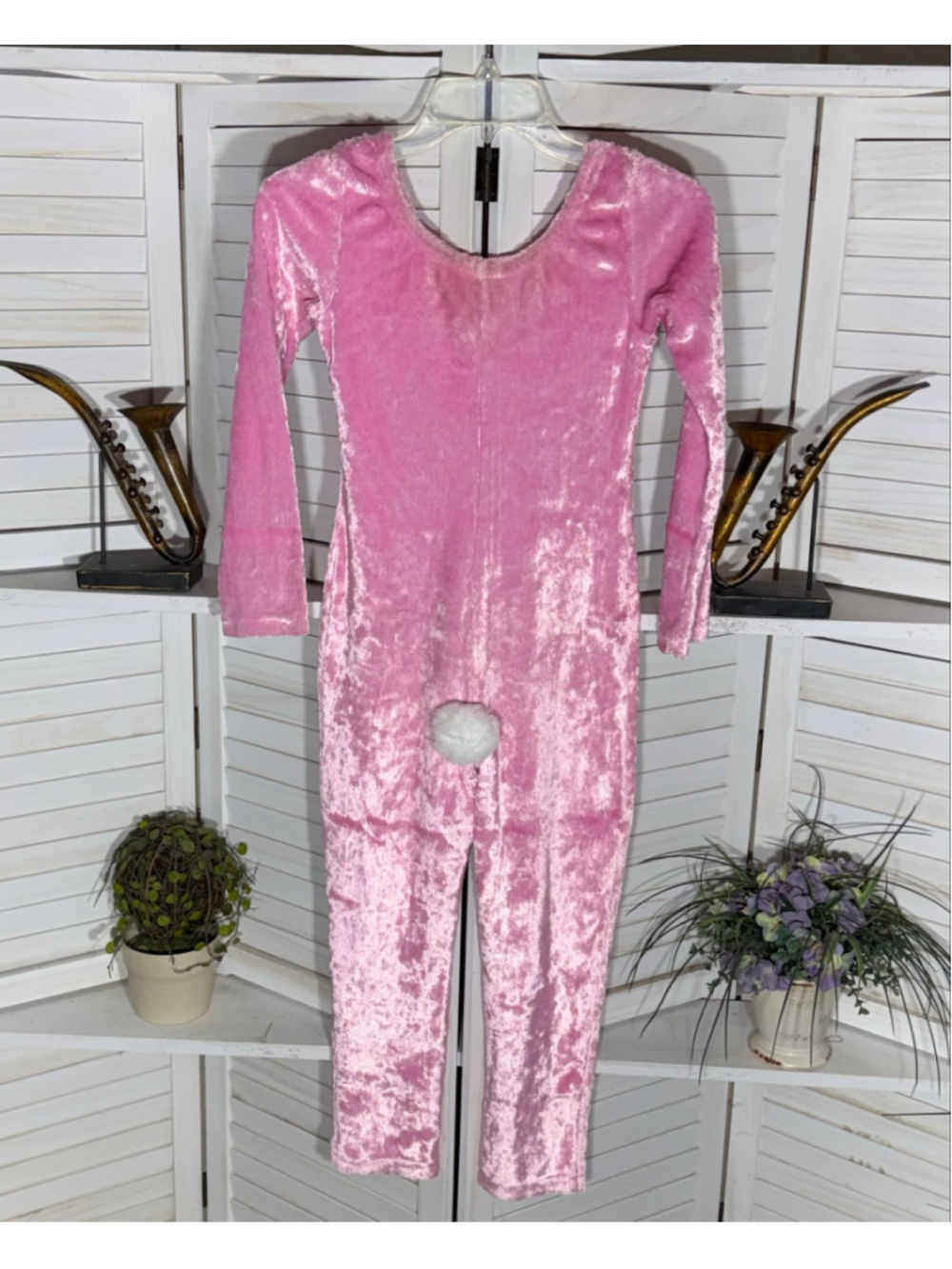 Vintage kids pink bunny costume crushed velvet jumpsuit Halloween Eastern 8 10
